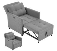 tectake® Fauteuil-lit 3 en 1, 82 x 80 x 86 cm, Dossier réglable 6 Positions | Fauteuil, Chaise longue ou Lit d'appoint, Max. 150 kg, Station de Recharge USB-A et USB-C, 2 poches latérales, Gris