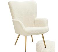 Chaise - TECTAKE - Fauteuil HYGGE rembourré en acier et polyester à l'aspect bouclé, 72 x 76 x 100,5 cm - Crème/Or