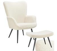 Chaise - TECTAKE - Fauteuil HYGGE en acier et polyester à l'aspect bou vec tabouret, 72 x 76 x 100,5 cm - Crème/Noir