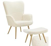 Chaise - TECTAKE - Fauteuil HYGGE en acier et polyester à l'aspect bou vec tabouret, 72 x 76 x 100,5 cm - Crème/Or
