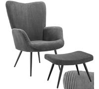 tectake® Fauteuil Salon Confortable & Tabouret en Velours côtelé Fauteuil Scandinave Moelleux avec Accoudoirs Chaise Ergonomique pour Salle à Manger, Chambre, Siege Bureau, Allaitement Gris/Noir