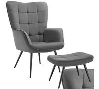 Chaise - TECTAKE - Fauteuil HYGGE en acier et polyester, aspect velours côtelé avec tabouret, 72 x 76 x 100,5 cm - Anthracite/Noir