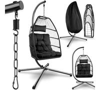 tectake® Fauteuil Suspendu Confortable, avec Structure & Coussin ép. 15 cm | Réglable en hauteur, pivotant, solide, protège le sol, pliable, Intérieur & extérieur, max. 160 kg, Housse incluse, noir