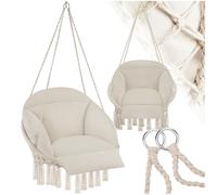 tectake® Fauteuil Suspendu Relax style boho Ø80cm, Design Intérieur & extérieur Fauteuil Relax max. 160kg Fauteuil de Lecture Cocooning 1 Place, pompons, Coussin Chaise XXL Moelleux épaisseur 10-12 cm