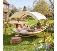tectake® Hamac sur Pied XXL Hamac 2 Places Coton avec Toit & Support en Bois 328 x 160 x 172 cm, Supporte jusqu'à 250 kg, Couchage 202 x 138 cm, 2 Coussins Inclus pour Terrasse Exterieur Piscine