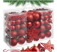 tectake® Kit décoration Sapin 86 pièces, Boules de Noël Rouges, Guirlande de Perles 5 m et Etoile, Boule de Noel Ø 3-4 et 6 cm, Mate, Brillante ou pailletée, Déco Sapin de Noel