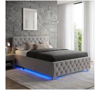 tectake® Lit capitonné pour Matelas 120x200 avec sommier en Bois, Cadre en Acier laqué époxy, Tête de lit, LED réglable & Coffre Rangement pour Chambre Adulte, ado ou Enfant Meuble Chambre