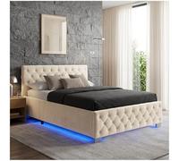tectake® Lit capitonné pour matelas 140x200 2 personnes avec sommier en Bois, Cadre en Acier laqué époxy, Tête de lit, LED réglable & Coffre Rangement pour Chambre adulte, ado ou enfant Meuble chambre