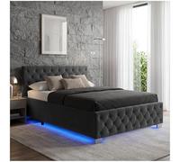 tectake® Lit capitonné pour matelas 180x200 2 personnes avec sommier en Bois, Cadre en Acier laqué époxy, Tête de lit, LED réglable & Coffre Rangement pour Chambre adulte, ado ou enfant Meuble chambre