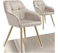 Chaises - TECTAKE - Lot de 2 fauteuils de salle à manger MARYLIN aspect velours avec pieds en acier doré - Taupe/Or