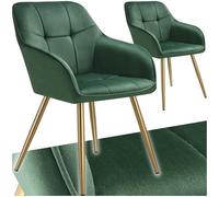 Chaise de salle à manger avec aspect velours capitonné et dossier en continu vert foncé/or