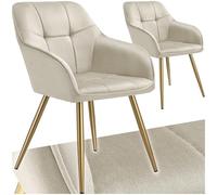 Chaises - TECTAKE - Lot de 2 fauteuils de salle à manger MARYLIN aspect velours avec pieds en acier doré - Crème/Or