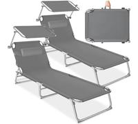 tectake® Set de 2 Chaises Longues Pliantes avec Pare Soleil & Appuie-tête - Transat Inclinable de Plage, Relax pour Jardin, Camping, Salon Exterieur - Gris