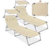 tectake® Set de 2 Chaise Longue Pliante Bain de Soleil Exterieur avec Pare Soleil & Appuie-tête Chaise Longue inclinable Transat de Plage Relax Jardin Camping Salon de Jardin Exterieur - Beige