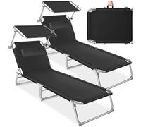 tectake® Lot de 2 chaises longues 190x68x111 cm Pliable Réglable sur 4 positions Résistante aux intempéries Respirante avec pare-soleil & appui-tête, Poignée de transport Jardin Piscine Camping - Noir