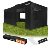 tectake® Pavillon Pliable 3 x 6 m en Aluminium, Imperméable, Protection Anti-UV, 6 Panneaux latéraux zippés, 3 fenêtres, Tonnelle de Jardin réglable en Hauteur, Gazebo Pliant, Sac de Transport - Noir