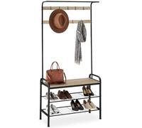 tectake® Porte manteau avec 2 Étagères, Banc, 9 patère accroche-sacs, Meuble de rangement chaussure Design industriel 85,5x36x184cm Vestiaire d'entrée Meuble couloir - Bois clair Chêne Sonoma