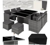 tectake® Salon de Jardin 10 places empilable, 1 Table 6 Chaises 4 Tabourets | Polyrotin et Aluminium, Résistant intempéries et UV, Housse Protection, 16 Coussins, Plateaux en verre trempé, Gris