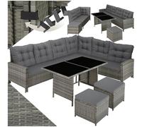 tectake® Salon de Jardin en Poly Rotin Modulable 1 Canapé de Jardin Exterieur d’Angle 1 Table Jardin 2 Tabouret Pouf Mobilier pour Amenagement Balcon et Terrasse - Gris Tacheté/Gris