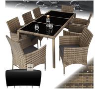 tectake® Salon de Jardin Exterieur en Poly Rotin Table de Jardin, 8 Fauteuil Jardin Chaise Confortable Housse de Protection Mobilier Amenagement Balcon Terrasse - Marron Naturel/Gris foncé