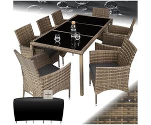 tectake® Salon de Jardin Exterieur en Poly Rotin Table de Jardin, 8 Fauteuil Jardin Chaise Confortable Housse de Protection Mobilier Amenagement Balcon Terrasse - Marron Naturel/Gris foncé