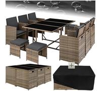 tectake® Salon de Jardin Exterieur en Résine Tressée Poly Rotin Salon de Jardin Table 10 Personnes 6 Fauteuil en rotin 4 Tabouret Pouf Encastrable avec Housse de Protection, Entretien Facile
