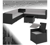tectake® Salon de Jardin Exterieur en Rotin 6 Places en Resine Tressee Modulable 6 Fauteuil Jardin Coffre de Rangement et Table en Verre Inclus pour Amenagement Balcon Terrasse - Noir