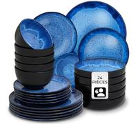 tectake® Service de table 24 pièces pour 6 personnes, Petites et Grandes Assiettes, Assiette creuse, Bols, Service vaisselle en faience, Vaisselle et Arts de la table, Set assiette et Bol, Bleu