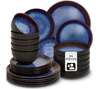 Service - TECTAKE - Set de vaisselle MARE 24 pièces en faïence émaillée 6 personnes fait main compatible lave-vaisselle - Bleu/Brun