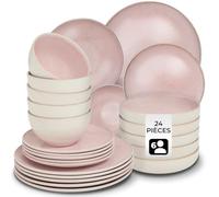 Service - TECTAKE - Set de vaisselle MARE 24 pièces en faïence émaillée 6 personnes fait main compatible lave-vaisselle - Rose