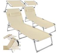 tectake® Set de 2 Chaise Longue Pliante Bain de Soleil Exterieur avec Pare Soleil & Appuie-tête Chaise Longue inclinable Transat de Plage Relax Jardin Camping Salon de Jardin Exterieur - Beige