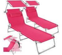 tectake® Set de 2 Chaise Longue Pliante Bain de Soleil Jardin Exterieur avec Pare Soleil & Appuie-tête Chaise Longue inclinable Transat de Plage Relax Camping Salon de Jardin Exterieur - Rose
