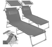tectake® Set de 2 Chaises Longues Pliantes avec Pare Soleil & Appuie-tête - Transat Inclinable de Plage, Relax pour Jardin, Camping, Salon Exterieur - Gris