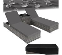 tectake® Set de 2x Chaise Longue Bain de Soleil avec Dossier réglable + Table de Jardin en Aluminium et Resine Tressee + 2 Set de Housses + Housse de Protection Piscine Balcon Jardin - Gris