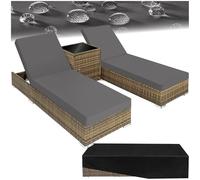 tectake® Set de 2x Chaise Longue Bain de Soleil avec Dossier réglable + Table de Jardin en Aluminium et Resine Tressee + 2 Set de Housses + Housse de Protection Piscine Balcon Jardin - Marron Naturel