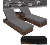 tectake® Set de 2X Chaise Longue Bain de Soleil avec Dossier réglable + Table de Jardin en Aluminium et Resine Tressee + 2 Set de Housses + Housse de Protection Piscine Balcon Jardin - Noir/Marron
