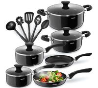 TecTake Batterie de cuisine Varese – aluminium, 15 pièces avec couvercles en verre – noir
