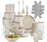 tectake® Set de cuisine 46 pcs, Service de table 6 personnes et Batterie de cuisine, Poêles Casseroles Service vaisselle Assiettes plates Assiettes creuses Bol Tasse Spatule Louche Vaisselle en grès