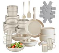tectake® Set de cuisine 46 pcs, Service de table 6 personnes et Batterie de cuisine, Poêles Casseroles Service vaisselle Assiettes plates Assiettes creuses Bol Tasse Spatule Louche Vaisselle en grès