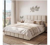 tectake® Set Lit Double 180 x 200 cm, Cadre de Lit rembourré Motif matelassé, 2 Matelas en Mousse 2 Niveaux de fermeté, Sommier à Lattes, Housse Lavable Maille 3D, Max 250kg - Aspect Velours Sable