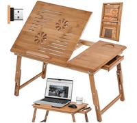tectake® Table de lit en Bambou, Table lit 4 Niveaux d'inclinaison et Double Ventilateur avec Port USB, Support Ordinateur Portable 55 x 35 x 26 cm, pour Ordinateur Portable, Liseuse, Ipad, Tablette
