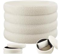 tectake® Tabouret Repose Pied Pouf avec Rangement Pouf Salon Ø67x42 cm en Bouclette Crème jusqu'à 150kg Design scandinave Cosy pour Coiffeuse, Salon, Chambre, Bureau, Maquillage Coffre de Rangement