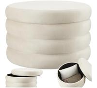 tectake® Tabouret Repose Pied Pouf avec Rangement Pouf Salon Ø67x42 cm en Velours Crème jusqu'à 150kg Design scandinave Cosy pour Coiffeuse, Salon, Chambre, Bureau, Maquillage Coffre de Rangement