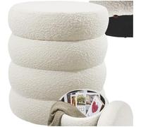 tectake® Tabouret Repose Pied Pouf avec Rangement Pouf Salon en Tissu Bouclette Crème Ø42x47cm jusqu'à 120 kg Design scandinave Cosy pour Coiffeuse, Salon, Chambre, Bureau, entrée
