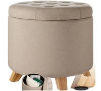 tectake® Tabouret Repose Pied Pouf avec Rangement Pouf Salon Rond Aspect Lin jusqu'à 150 kg Pieds en Bois Couvercle Amovible Design Moderne Cosy pour Coiffeuse, Salon, Chambre, Bureau, entrée