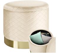 tectake® Tabouret repose pied pouf avec rangement Pouf salon rond aspect Velours jusqu'à 300 kg Base en Acier Doré Couvercle Amovible Design Moderne cosy pour coiffeuse, salon, chambre, bureau, entrée