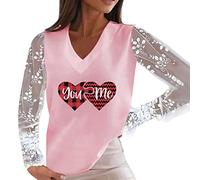 Tee Shirt Manche Longue Femme Col V- Haut Dentelle Grande Taille Chic Et Elegant Imprimé Tunique Décontracté Coupe Ample Léger Top Sexy Polyvalent Saint Valentin Chemise pour Travail