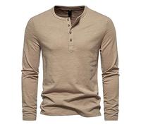 Tee Shirt Manche Longue Homme Col Tunisien- Blouse De Travail Couleur Unie MéLange De Coton Regular Fit Haut Quatre Boutons Quatre Saisons Top DéContracté Slim Tunique Passe-Partout Chemise