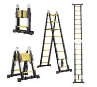 TEENO Alu Échelle télescopique 5 m (2,5+2,5) avec barre stabilisatrice et roulettes