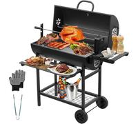 TEENO Chariot à Barbecue de Bois,Grill XXL à Charbon avec Couvercle, Thermomètre,Tiroir à Cendres,Gants anti-brûlures, Évent Réglable,Upgraded